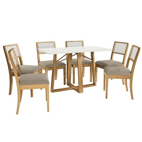 Sala Jantar Mesa Elma Premium Madeira Maciça C/ Tampo Madeirado C/ Vidro 160x90cm e 6 Cadeiras Lola