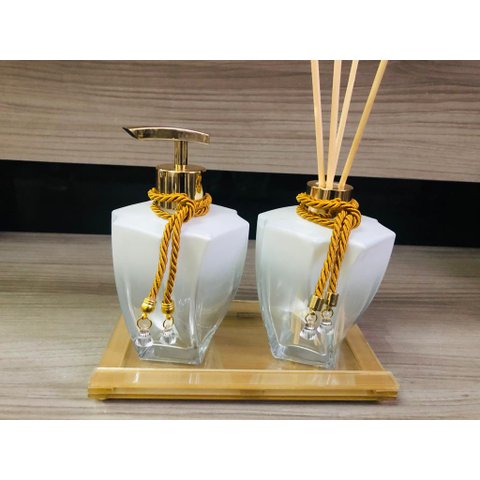 Kit Banheiro Dourado Aromatizador Porta Sabonete Luxo Casa