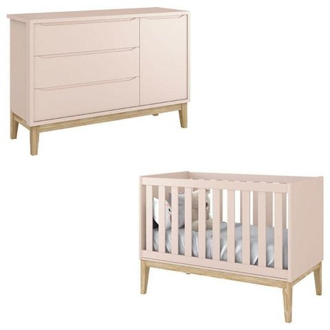 Berço Americano e Cômoda Infantil 1 Porta Classic Rosa com Pés Madeira Natural ? Reller
