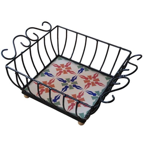 Fruteira de Mesa Ferro e Azulejo Quadrada Grande pra Cozinha Azulejo G8
