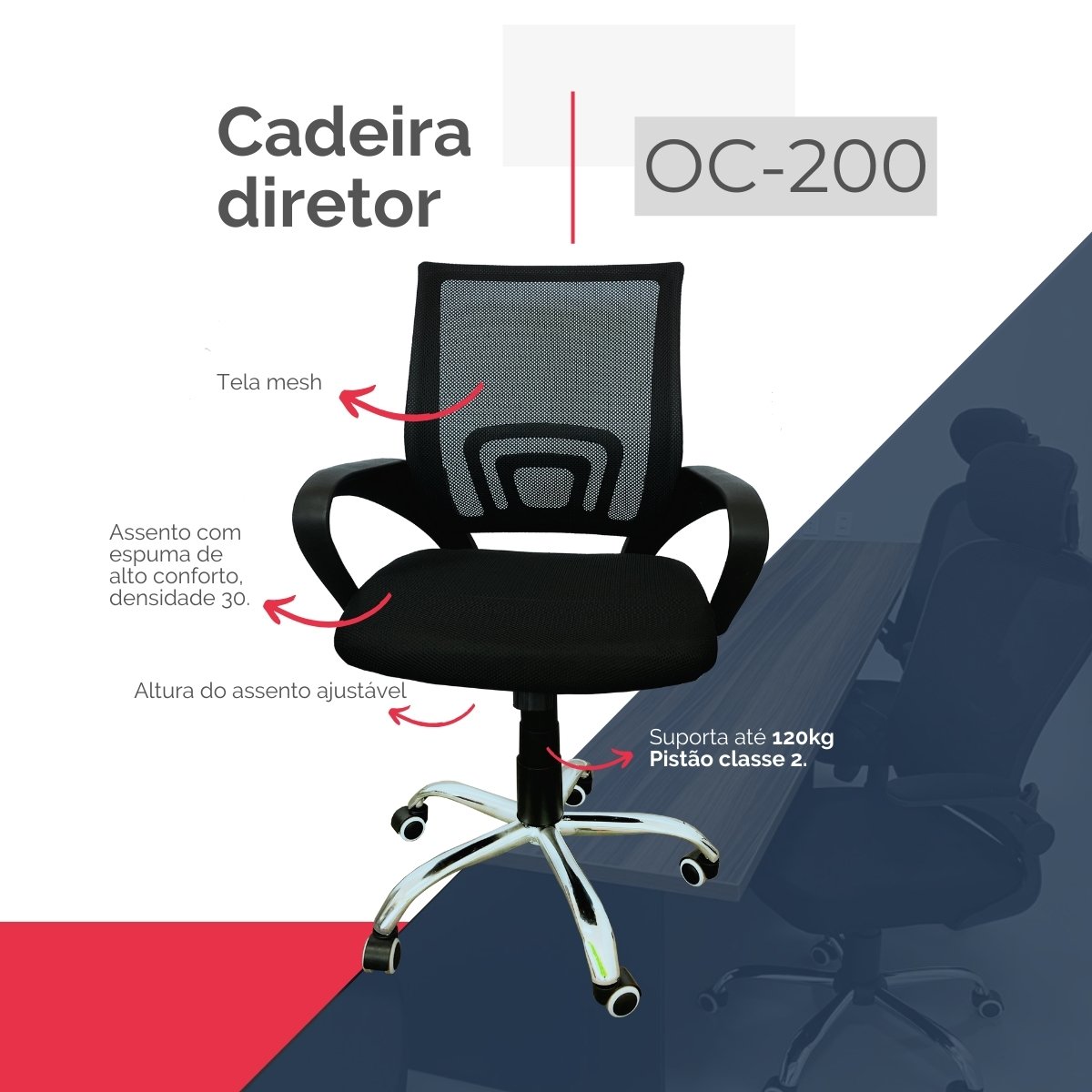 Cadeira de Escritório Modelo Diretor Oc 200 com Relax Cor Preto - 5