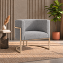 Ver imagem 1 de Poltrona Decorativa Luna Bouclé Premium para Sala Escritório Recepção Base Circular em Ferro Madeira