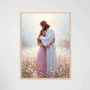 Quadro Decorativo Jesus Cristo e a Mulher Flores Rosa Rezando Orando Quarto Infantil Ref. 01