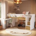 Ver imagem 1 de Cama Infantil com Mesa Escrivaninha e Escada com Gavetas e Portinhas Cor:Branco com Carvalho Xingu
