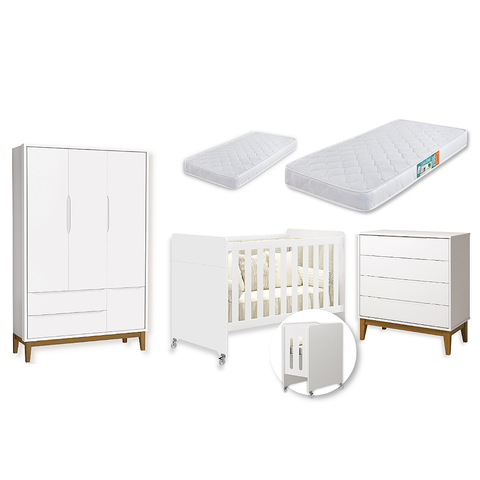 Quarto de Bebê Berço Evolution + Cômoda 4g + Guarda Roupa 3P Branco Classic 02 Colchões