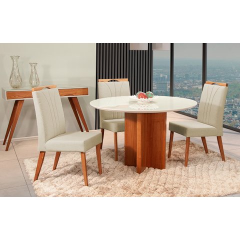 Mesa de jantar + 4 cadeiras Milão Tampo Redondo 120 cm bege