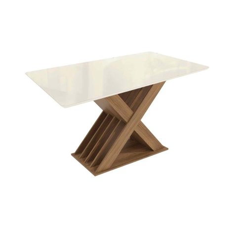 Mesa de Sala Jantar Graviola C/tampo Madeirado C/ Vidro 90x160cm Nogueira/off White/vidro Off White