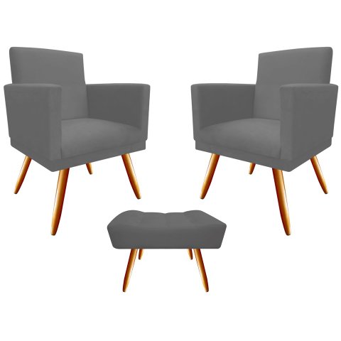 Kit 2 Poltronas Decorativa Bia + Puff Retangular Suede Cinza Pés Madeira Mz Decor