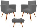 Ver imagem 1 de Kit 2 Poltronas Decorativa Bia + Puff Retangular Suede Cinza Pés Madeira Mz Decor