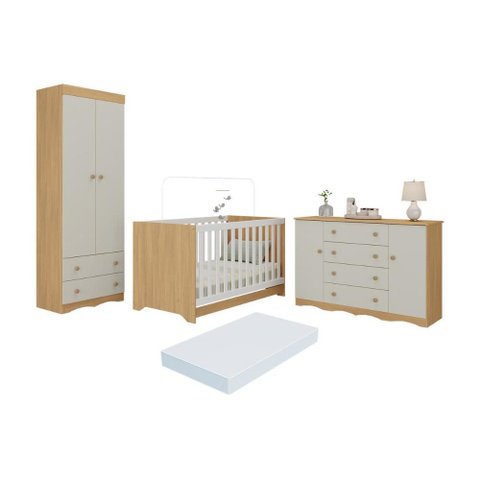 Quarto de Bebê Completo Berço Americano 3x1 Colchão Realeza Multimóveis Mp4611 Madeirado/off