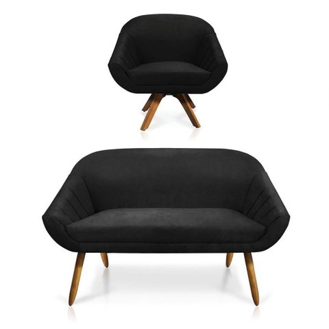 Kit 01 Namoradeira 02 Lugares e 01 Poltrona Giovana Suede Preto