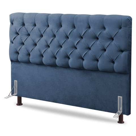 Cabeceira Cama Box Casal King Size Lylla 195cm Capitonê com Frame Linho Azul - Desk Design