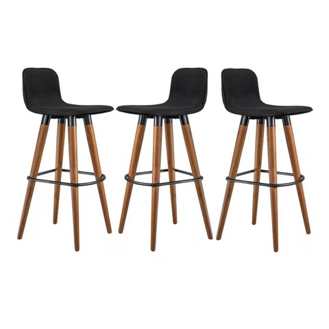 Conjunto Banqueta Alta Tecido Linho Preto Detalhe em Aço Cor Preto para Balcão - 3 Unidades