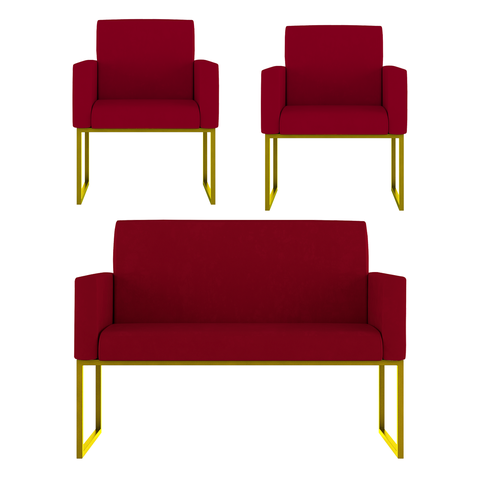 Kit Sofá 2 Lugares + 2 Poltronas Recepção Sala Base Dourada Cor:vermelho