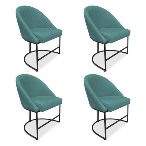 Kit 04 Cadeiras Poltrona de Jantar Bela Suede Base Metálica Industrial Preto Azul Turquesa