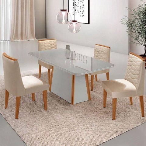 Mesa de Jantar Diane 120cm Tampo MDF Vidro Cadeiras Eloise Moderna Veludo Creme Off White Naturale