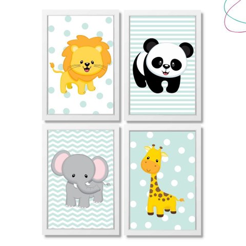 Kit 4 Quadros Decorativos Infantil Bichinhos da Floresta: Branca