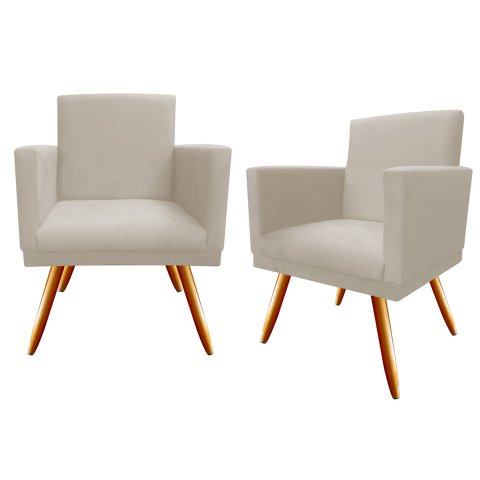 Kit 2 Poltronas Decorativa Bia Suede Bege Pés Madeira Ms Decor