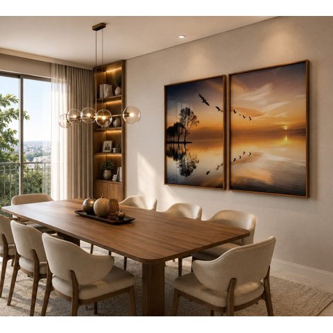 Quadros Decorativos Sala Pôr do Sol Refletido 100x70 Moldura Cobre Vidro