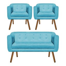Kit Namoradeira 2 Lugares e 02 Poltronas Julia Suede Azul Turquesa - D'Rossi - 1