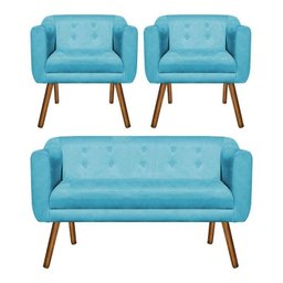 Kit Namoradeira 2 Lugares e 02 Poltronas Julia Suede Azul Turquesa - D'Rossi - 1