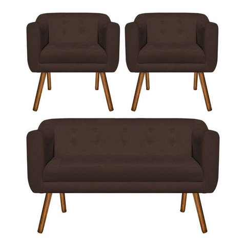 Kit Namoradeira 2 Lugares e 02 Poltronas Julia Suede Marrom - D'Rossi