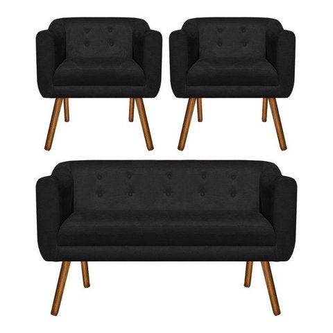 Kit Namoradeira 2 Lugares e 2 Poltronas Julia Suede Preto - D'Rossi