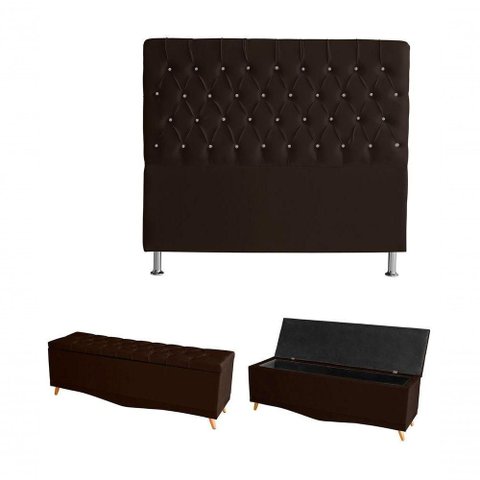 Kit Estrela Cabeceira de Cama Box e Calçadeira Baú Pés Palito Botão Cristal Casal 140 Cm Suede