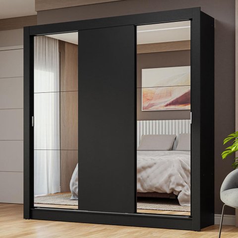 Guarda-roupa Casal 3 Portas de Correr com Espelhos Preto Nobre Madesa
