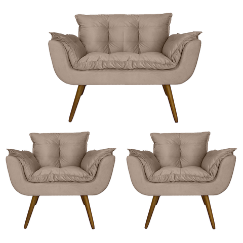 Jogo Namoradeira e 2 Poltronas Estofadas Sala de Visitas Opala Suede Bege - LM DECOR