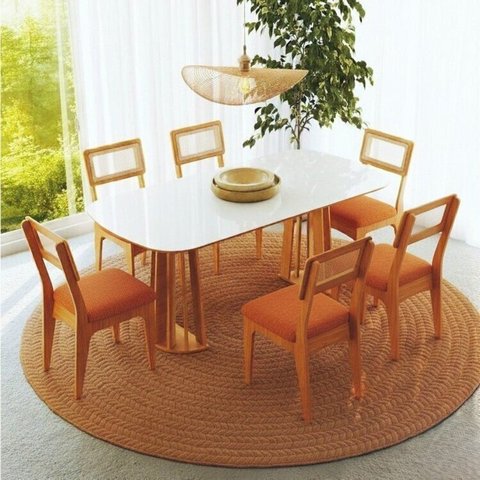 Conjunto de Mesa Oval com 6 Cadeiras 100% MDF com Encosto Telado Bolonha Marrom/Madeirado/Terracota/Off White