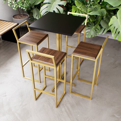 Jogo Mesa Alta Bistrô Quadrada Preta 4 Banquetas Imbuia Confort Industrial Dourado Don Castro Decor 