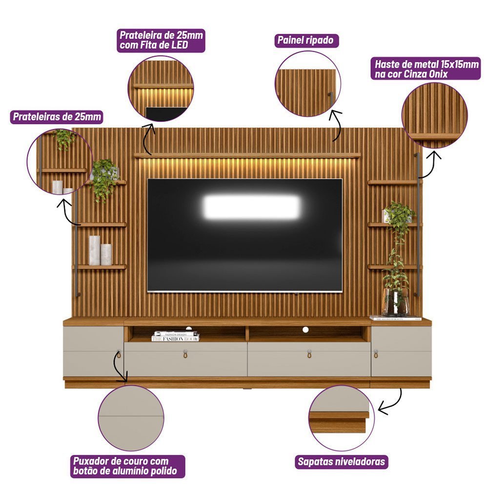 Conjunto Rack e Painel 1 Modulo Lateral Ouro Preto Linea Brasil - 3