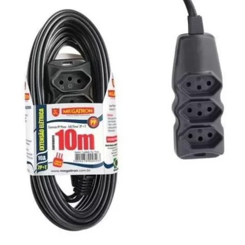 Extensao 2p+t Cabo Pp 3x0,75m 10m 10a Pt Megatron