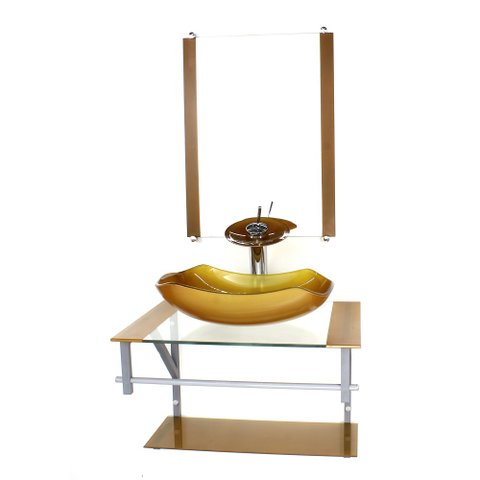 GABINETE DE VIDRO PARA BANHEIRO 60CM AC CUBA ABAULADA DOURADO REAL COM TORNEIRA CASCATA