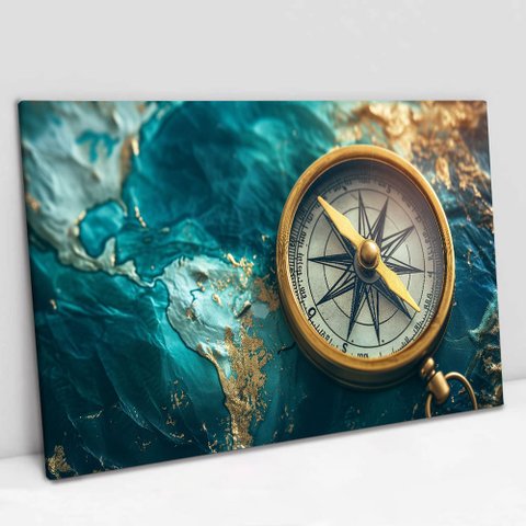Quadro Decorativo a Bussola e o Mapa em Tela Canvas Tacolado Moldura Flutuante 4,5cm Preta 80 X 120c