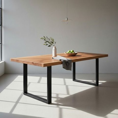 Mesa de Jantar Industrial Madeira Maciça Teca 150x90x78cm:preto/tampo de Teca