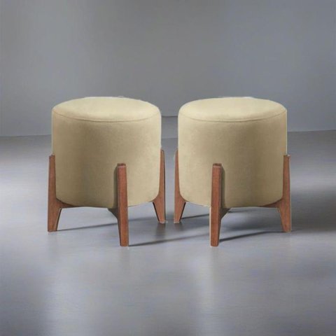 Kit 2 Puff Decorativo Redondo Luxo Roma Corino Bege