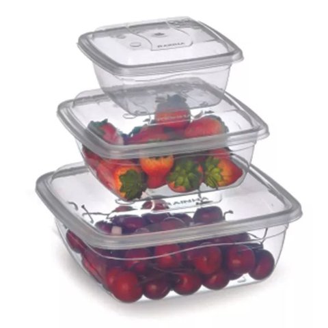 Kit 3 Potes Retangular Quadrados Transparente Coloridos - 350ml / 700ml / 1,5 Litros - Rainha - Pote