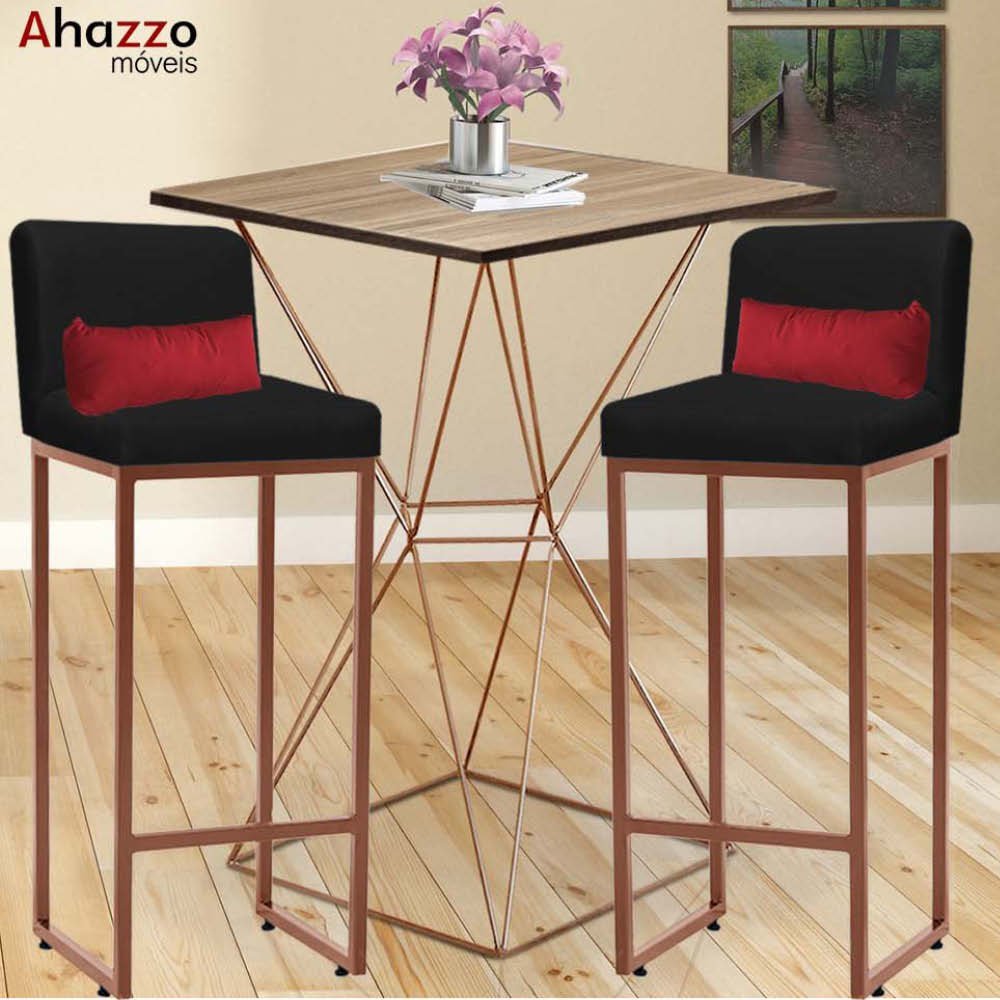Kit Mesa Bistrô Lucca e 3 Banqueta Lucca Tampo Caramelo Ferro Bronze Sintético Preto e Almofada Verm - 2