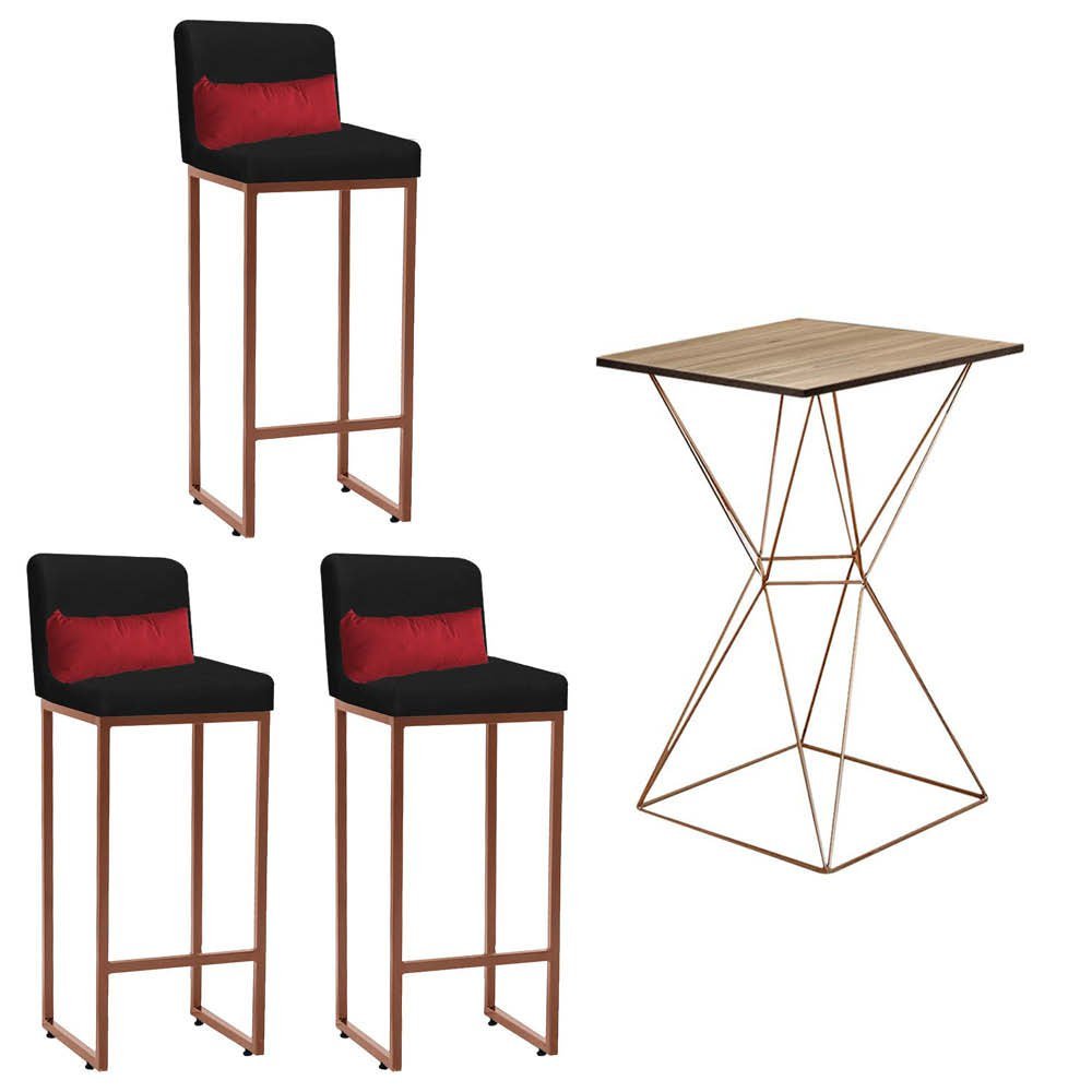 Kit Mesa Bistrô Lucca e 3 Banqueta Lucca Tampo Caramelo Ferro Bronze Sintético Preto e Almofada Verm - 1
