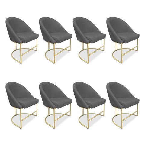 Kit 08 Cadeiras Poltrona de Jantar Bela Veludo Grafite Base Metálica Industrial Dourado - Pallazio