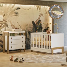 Quarto de Bebê com Cômoda 4410 e Berço 4300 Branco Acetinado + Colchão Gazin Patoti Móveis - 1