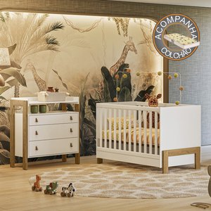 Quarto de Bebê com Cômoda 4410 e Berço 4300 Branco Acetinado + Colchão Gazin Patoti Móveis