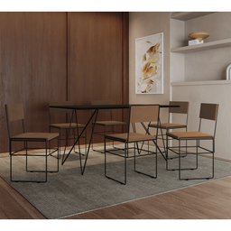 Mesa Jantar Retangular Industrial Trama 1,50x0,90m Preta com 6 Cadeiras Estofadas Marrom e Preta Vit - 1