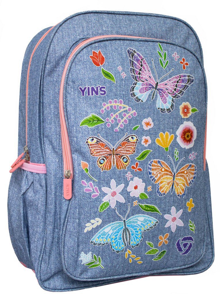 Mochila Escolar Costas Feminina Menina Juvenil Jeans Grande Borboleta Rosa Roxo Impermeável Yins - 3
