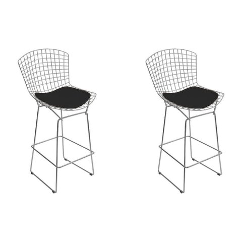 Kit 2 Banquetas Bertoia Cromada D80 com Assento Sintético Preto