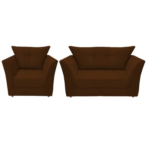 Kit Namoradeira + 1 Poltrona Decorativa Isis Suede Marrom Pés Madeira Ms Decor