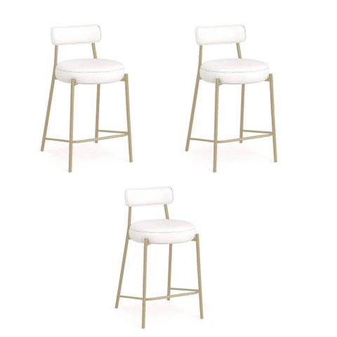 Banqueta Cozinha Média com Encosto Industrial Champanhe Kit 3 Londres Pu Branco D03 - D'Rossi