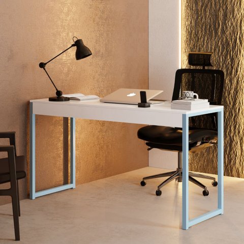 Mesa Escrivaninha Industrial Desk 90 Color Pés de Ferro Branco Azul